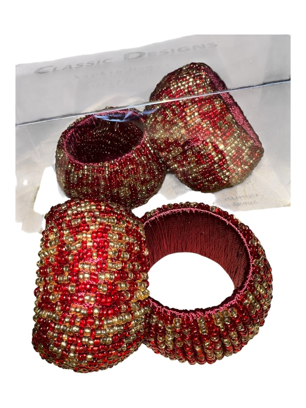 4 Red and Gold Beaded Napkin Rings